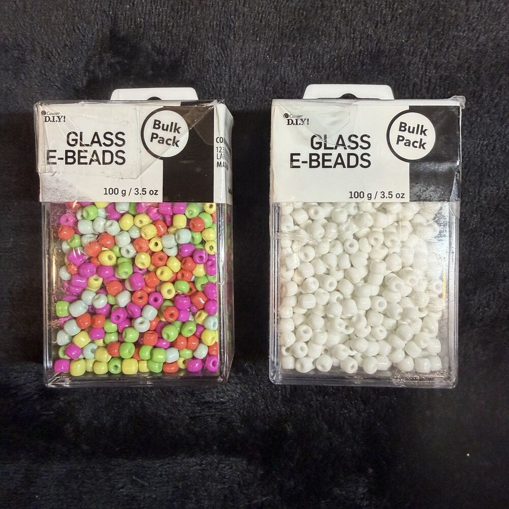 Cousin D.I.Y Glass E-Beads 100g 3.5 oz. Lot Of 2 Multicolor and White